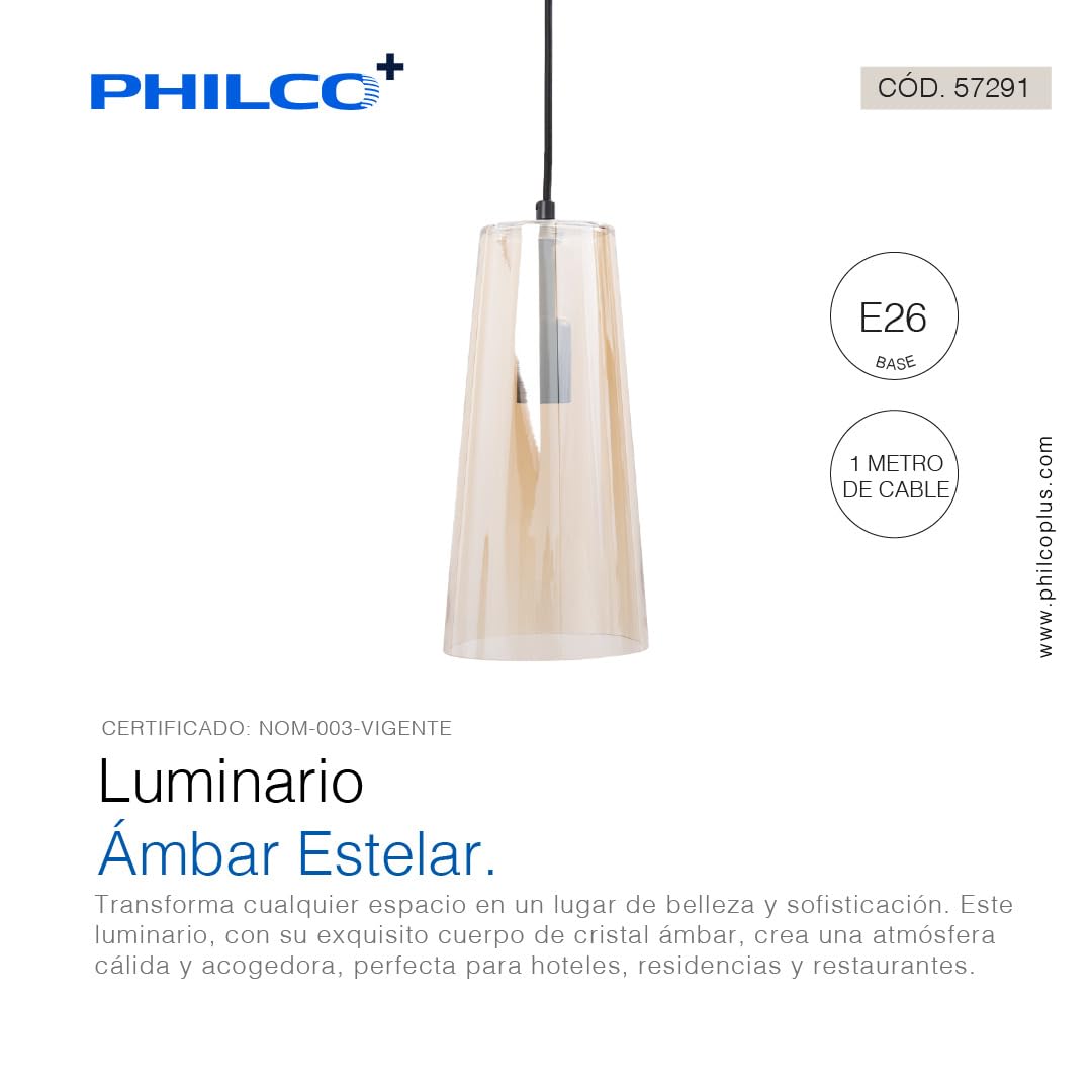 Philco Luminario Ámbar Estelar. Base E26, luminario para ser suspendido, cuerpo de cristal ámbar, cable ajustable, uso interior