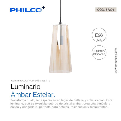 Philco Luminario Ámbar Estelar. Base E26, luminario para ser suspendido, cuerpo de cristal ámbar, cable ajustable, uso interior