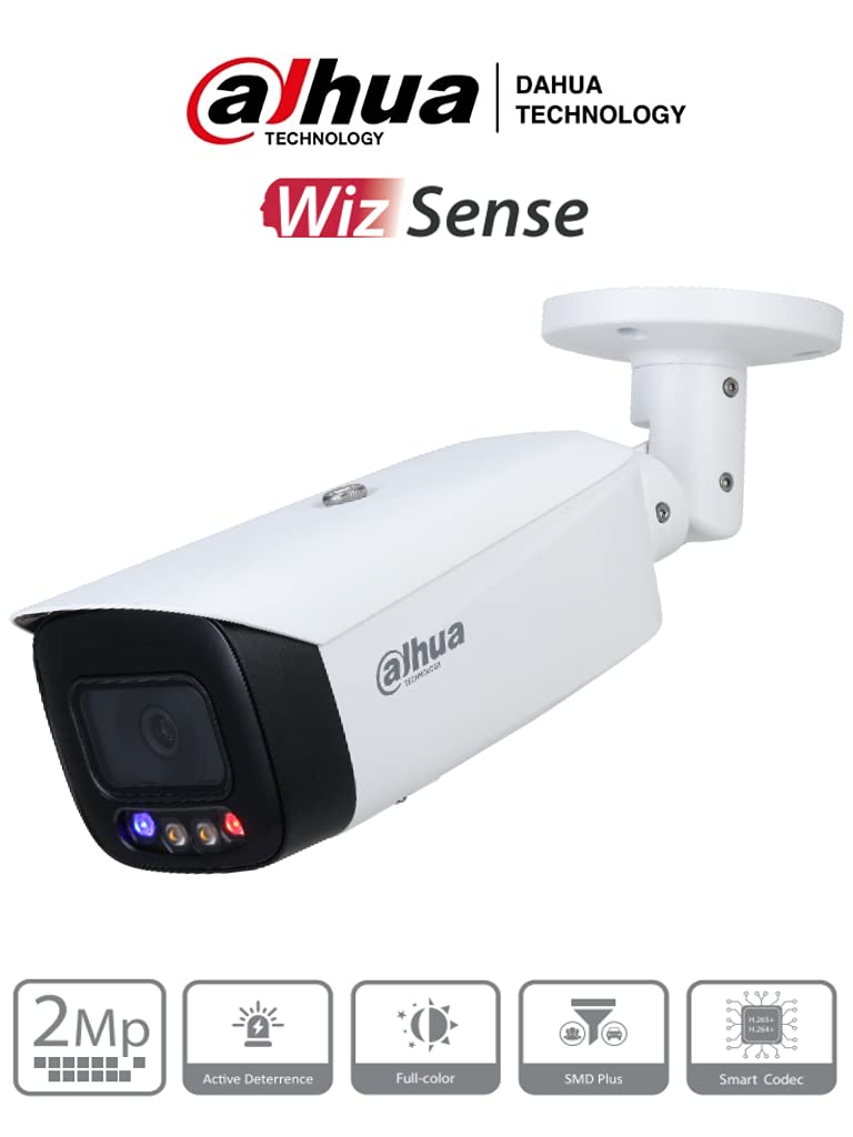 DAHUA IPC-HFW3249T1-AS-PV- Cámara IP Bullet TiOC 2 MP/Lente 3,6 mm/Sirena INT/Estrobo Rojo y Azul/Full Color/SMD Plus/ H265/ Vision Nocturna 40 MTS/Microfono INT/WDR Real/ IP67/ PoE/WizSense