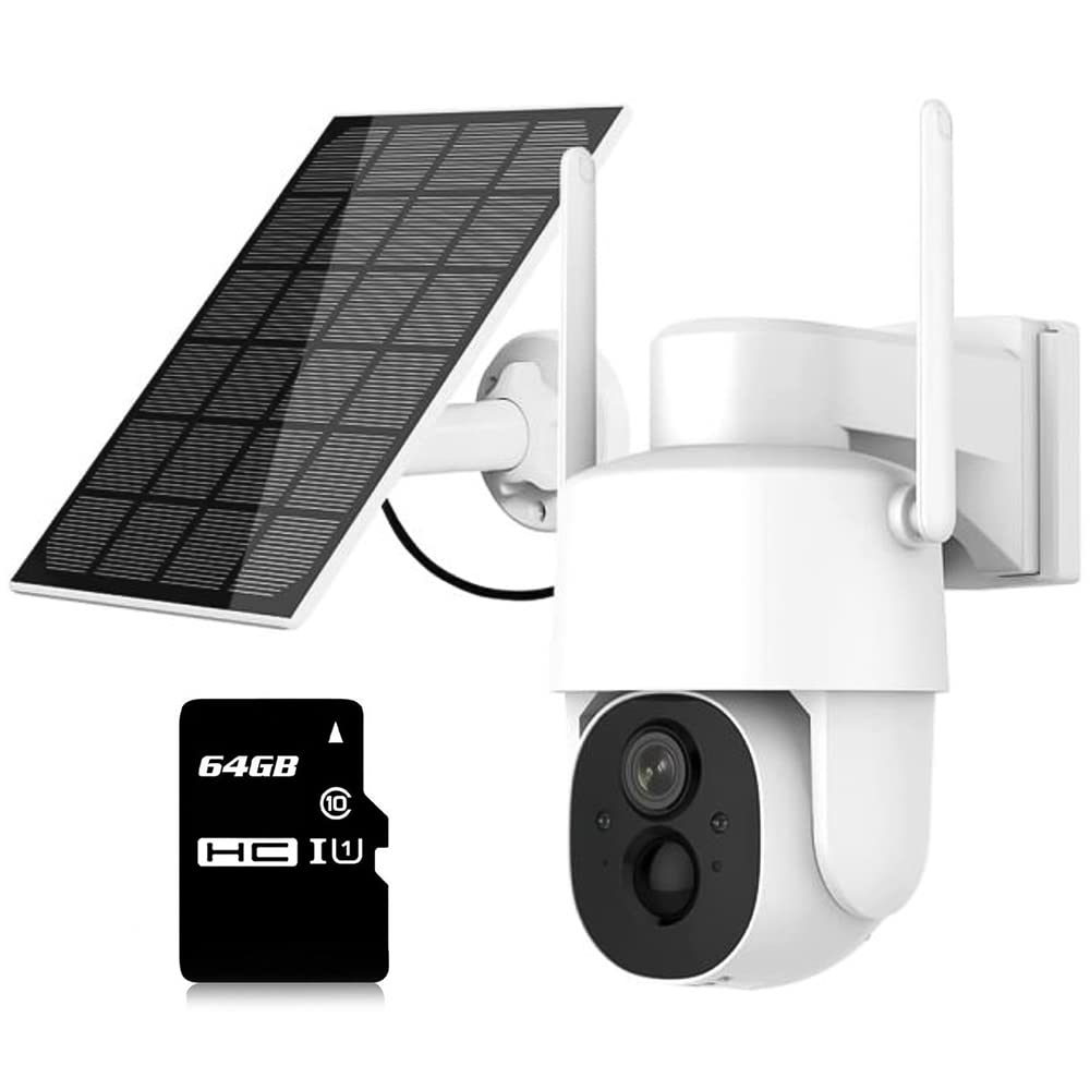 Anewone 1080p Cámara de Seguridad WiFi, IP Cámara Inalámbrica Impermeable IP66 para Exteriores, Cámara Inalámbrica con Visión Nocturna de Color con Audio Bidireccional, con Panel Solar, 64GB SD Card