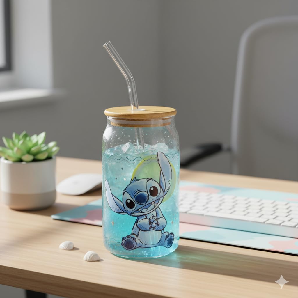 Silver Buffalo Disney Lilo and Stitch - Vaso de vidrio sentado con tapa de bambú y popote de vidrio, 16 onzas