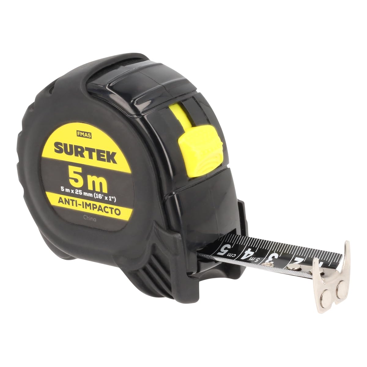 Surtek FMA5 Flexómetro con carcasa anti-impacto cinta color negro 5 m x 25 mm