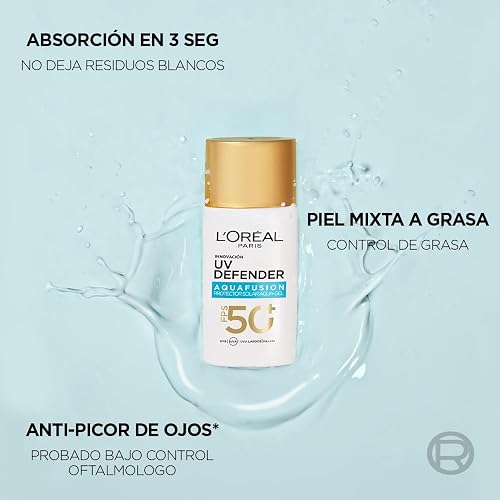 L'Oréal Paris UV Defender Aquafusion Protector Solar Diario FPS50+, Protector Solar Aqua-Gel, Previene Manchas Solares y Arrugas, Absorción Rápida en 3 Segundos, 50ml.