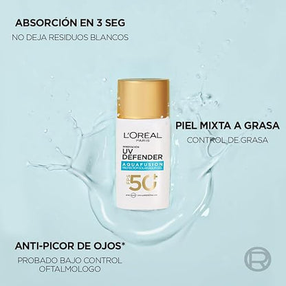 L'Oréal Paris UV Defender Aquafusion Protector Solar Diario FPS50+, Protector Solar Aqua-Gel, Previene Manchas Solares y Arrugas, Absorción Rápida en 3 Segundos, 50ml.