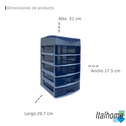 Italhome Cajonera de Plástico Sesia Azul, Mini Organizador de Escritorio Multiusos con 5 Cajones Transparentes