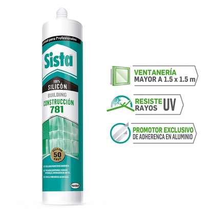Sista 781 Construcción, sellador monocomponente 100% silicón de curado acético y de alto desempeño, formulado para garantizar máxima adherencia al vidrio y aluminio, 1X300ml