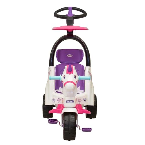 PRINSEL | Triciclo Push Car| Triciclo Montable para Niñas | Supertrike Unicornio| Blanco | De 2 a 6 Años, Barra de Empuje, Descansapies, Techo Removibles, Luces y Sonido | Artículos para Niños
