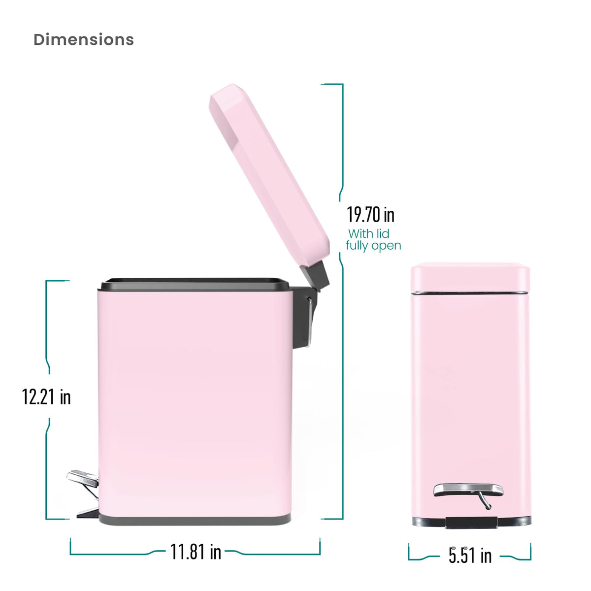 Home Zone Living - cubeta de basura pequeño de 1.3 galones con tapa y pedal, papelera de acero inoxidable con diseño delgado para el hogar y la oficina, color rosa mate, 5 litros