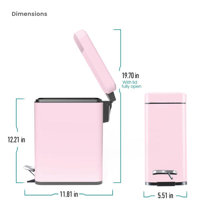 Home Zone Living - cubeta de basura pequeño de 1.3 galones con tapa y pedal, papelera de acero inoxidable con diseño delgado para el hogar y la oficina, color rosa mate, 5 litros