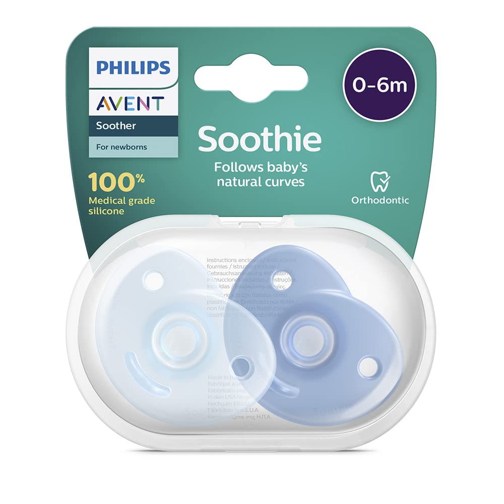 Philips Avent Chupón Soothie Heart Ortodóntico Azul | Mayor confort para su carita | Silicona grado médico | Forma corazón que evita tocar la nariz | 0-6 m | 2 pz | SCF099/21