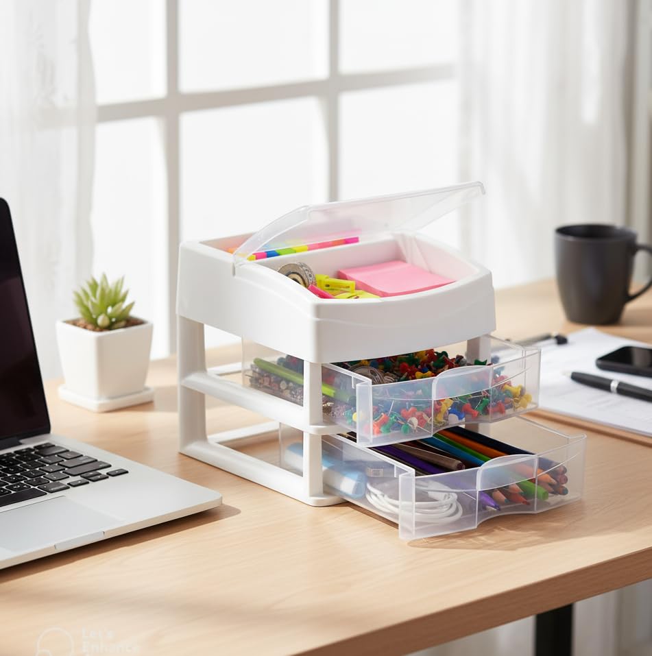 Italhome Cajonera De Plástico, Mini Organizador De Escritorio Multiusos con 2 Cajones Transparentes Sesia