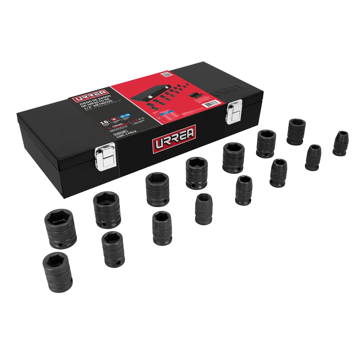 Urrea 7401MC Juego de dados de impacto cuadro de 1/2", métricos en caja, 15 piezas - 15 piezas + caja