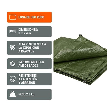 Truper Expert LT-34X, Lona Uso rudo, Verde Olivo, 3 x 4 m, Paquete con 1 Pieza