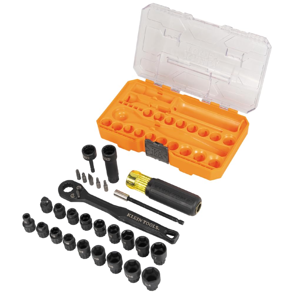 Klein Tools 65400KNECT KNECT Essential Pass Through Impact Socket Set, SAE y métrico, carraca de 90 dientes, funda MODbox, unidad de 3/8 pulgadas, 28 piezas