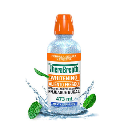 TheraBreath Enjuague Bucal sin Alcohol Whitening, Menta Brillante 473 ml. | Elimina y Previene Manchas en los Dientes. Aliento Fresco, Fórmula sin Peróxido, De Uso Diario. Desarrollado por Dentistas
