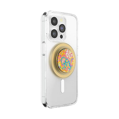 PopSockets - Empuñadura para teléfono MagSafe con Soporte, Soporte magnético, Parte Superior Intercambiable, sujeción Segura para iPhone MagSafe, teléfono y Tablet, Esmalte Dorado Brillante