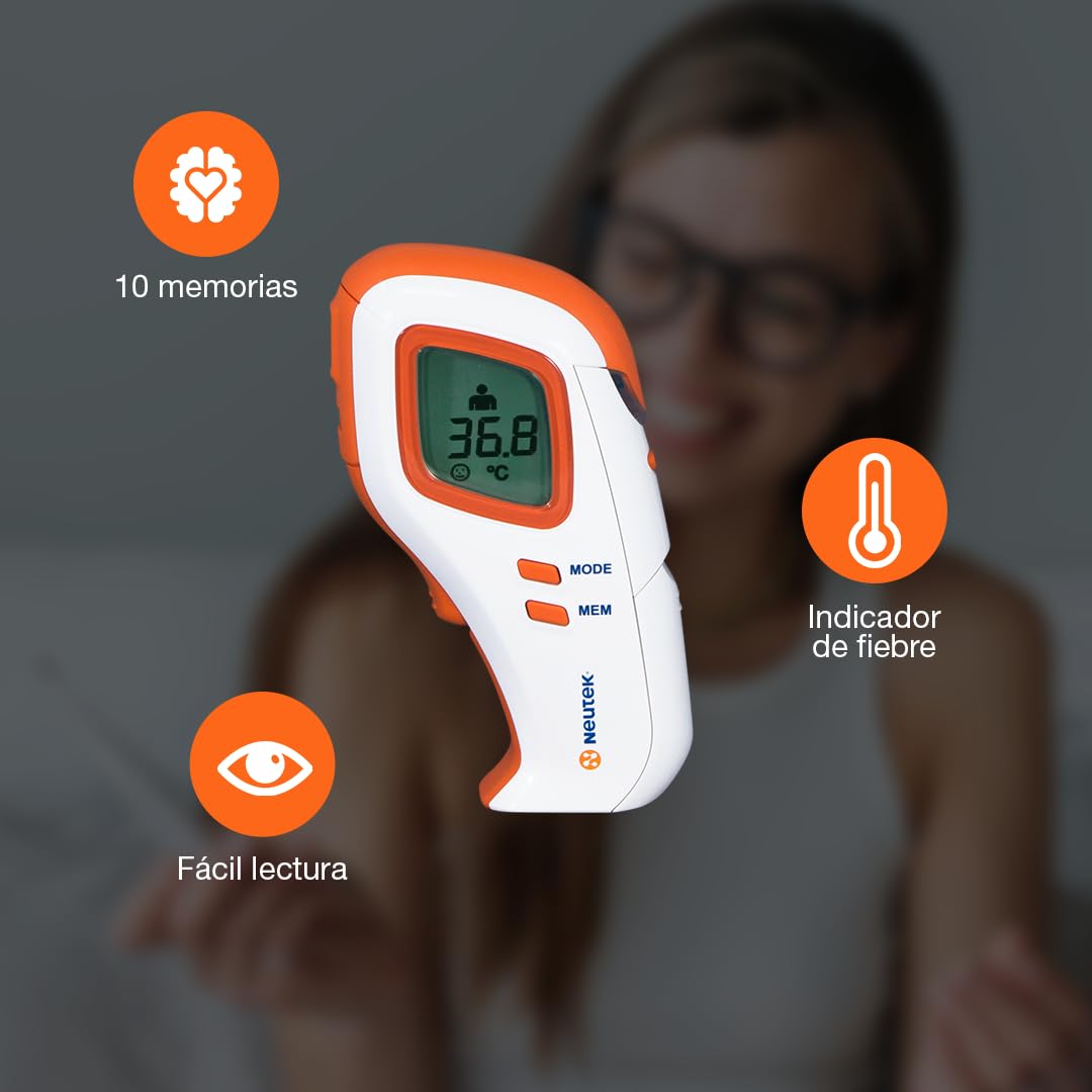 Termómetro Infrarrojo Sin Contacto Neutek NT-1 | Medición Rápida en Frente y Objetos | Indicador de Fiebre | 10 Memorias | Ligero y Portátil | Alerta de Batería Baja | Blanco/Naranja