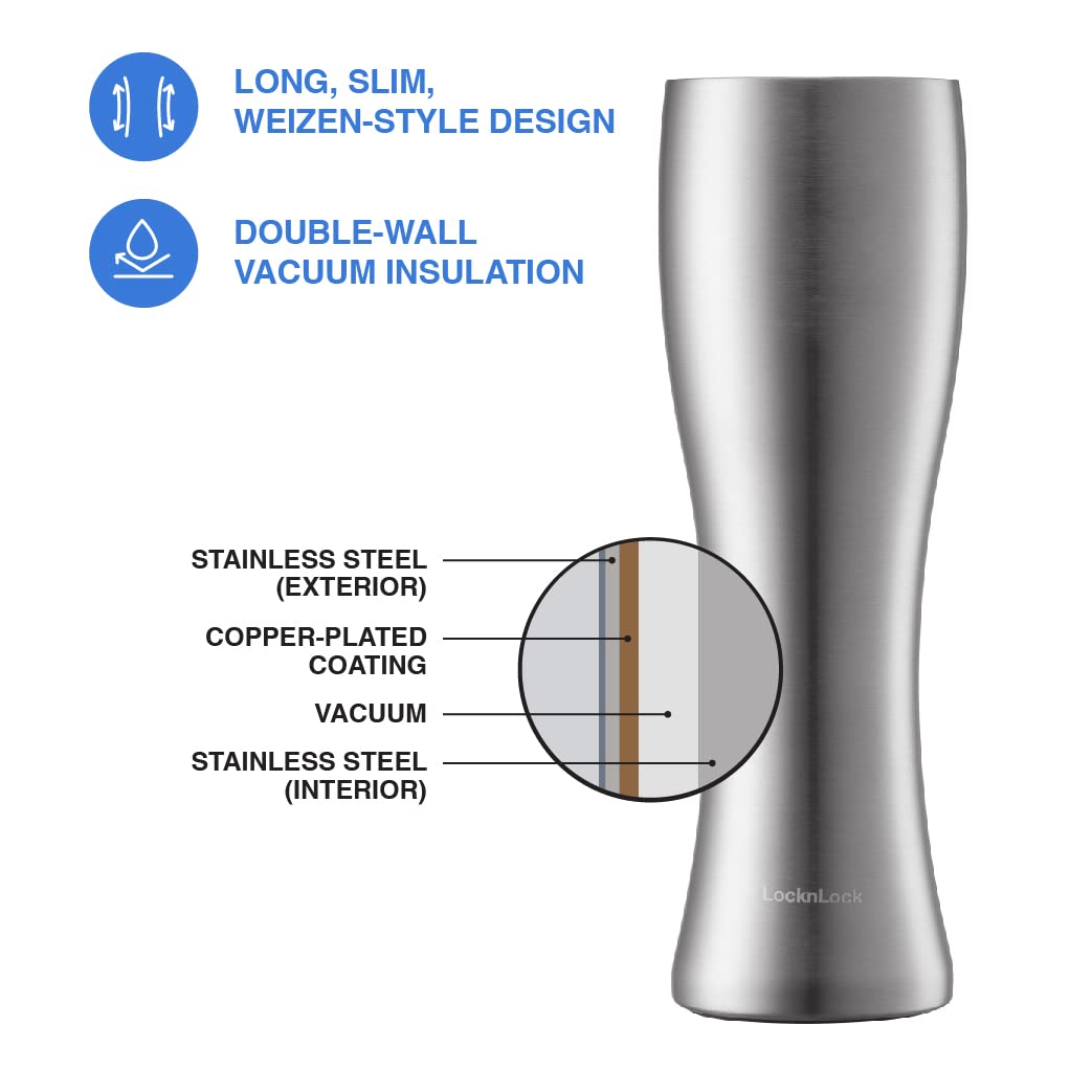 LocknLock - Vaso de cerveza de acero inoxidable con aislamiento de doble pared, 560 ml, color plateado