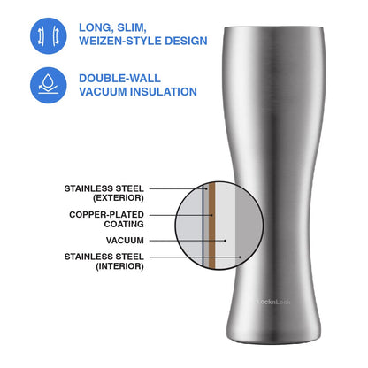 LocknLock - Vaso de cerveza de acero inoxidable con aislamiento de doble pared, 560 ml, color plateado