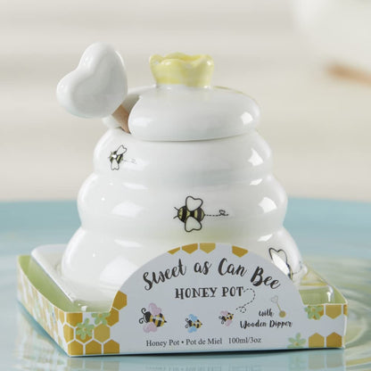 Kate Aspen Sweet as Can Bee - Mini olla de cerámica con salsa de miel de madera (3.4 onzas) tarro de miel, decoración de abejas, blanco/amarillo (23261WT)