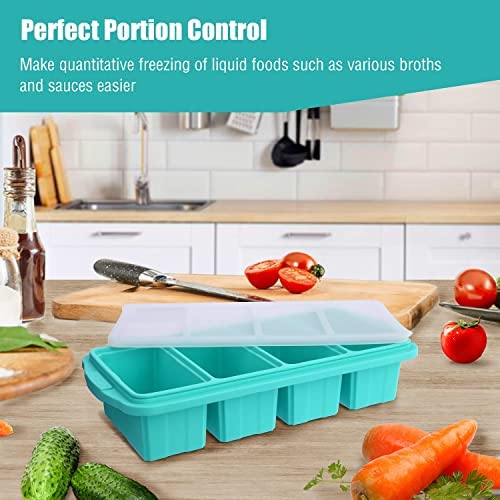 Bandeja de congelación de silicona con tapa, bandeja grande para cubitos de hielo antiadherente con 4 compartimentos para almacenar y congelar sopas, caldos, salsas y dietas líquidas, apta para horno