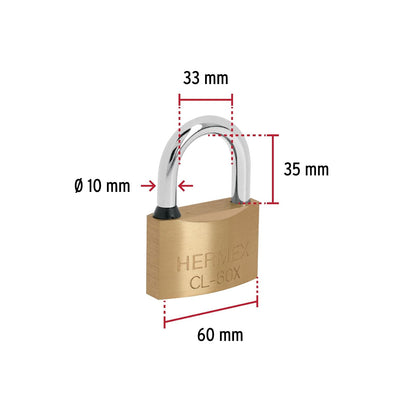 Hermex CL-60X, Candado de latón, 60 mm, gancho corto, llave tetra, blíster
