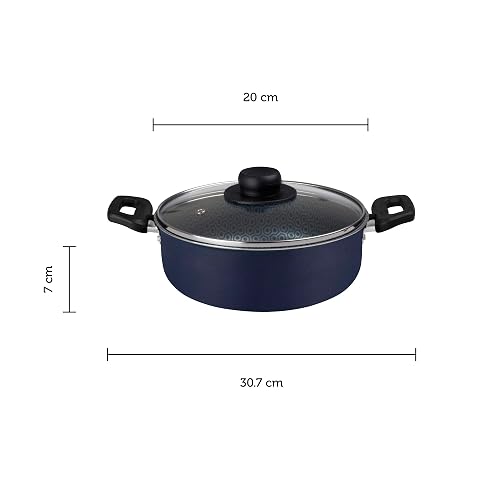 Ekco | Cacerola con Tapa Classic de Aluminio Antiadherente Azul 20cm | Tapa de vidrio, Espesor 1.7 mm, Calor uniforme, Asa de baquelita, Fácil limpieza, Libre de PFOA, Antiadherente Geothermic