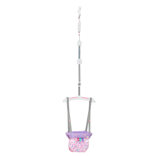 Bright Starts Saltador colgante para Bebé, con correas de seguridad ajustables, permite el desarrollo muscular, Color rosa, a partir de 6 meses hasta 12 kilogramos