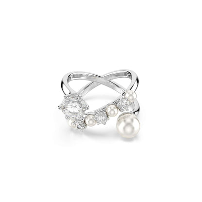 Swarovski Anillo de cóctel Matrix, Perla de cristal, Talla redonda, Blanco, Baño de rodio