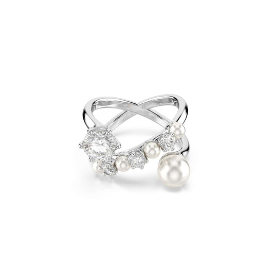 Swarovski Anillo de cóctel Matrix, Perla de cristal, Talla redonda, Blanco, Baño de rodio