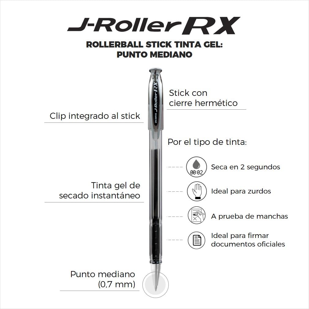 Zebra J-Roller RX Rollerball Tinta Gel Secado Rápido Punto 0.5 mm Caja 6 Piezas (Rojo)