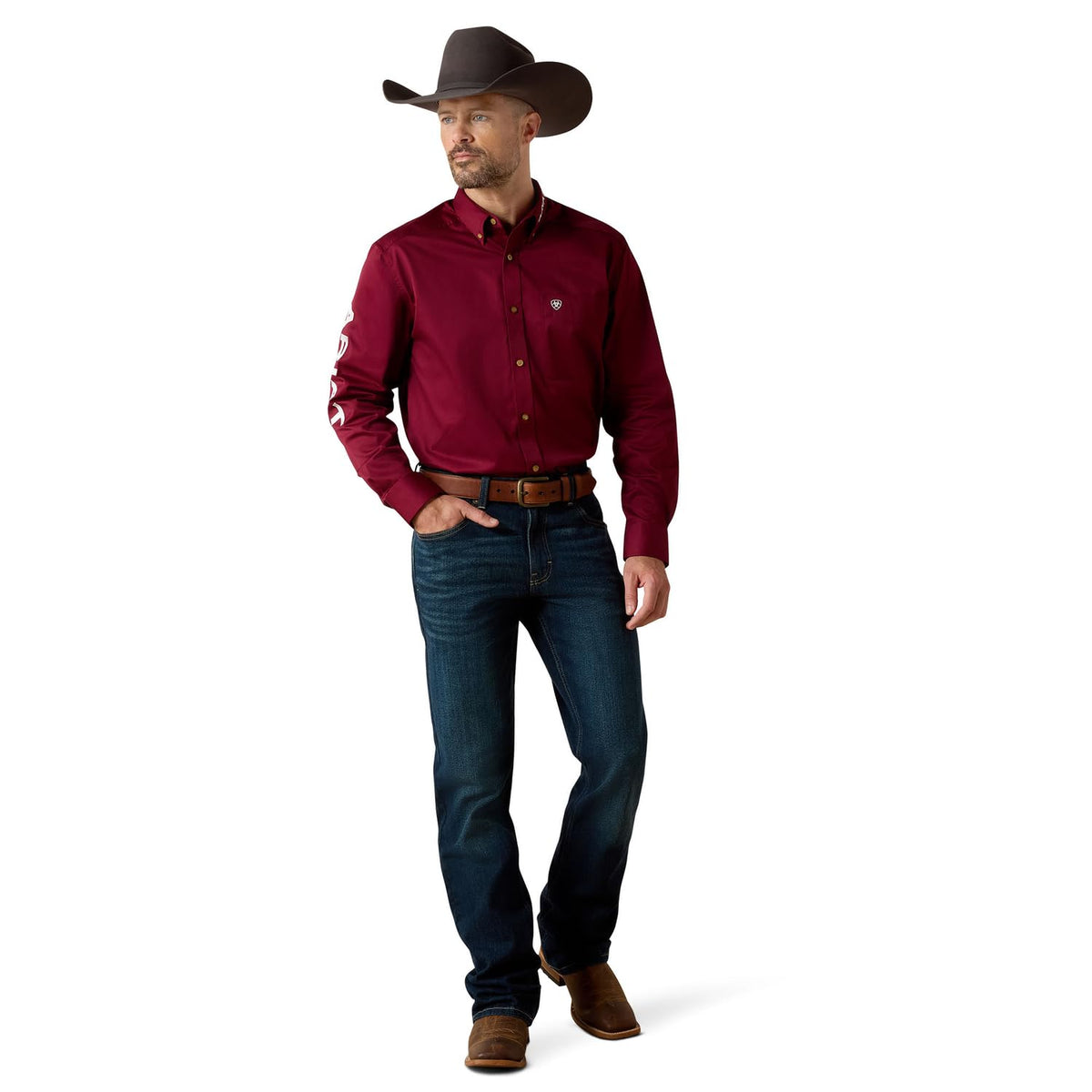 Ariat Camisa de Sarga de Algodón para Hombre, Manga Larga - XL - borgoña - blanco