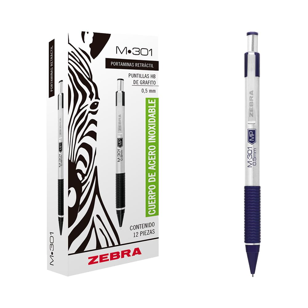 Zebra Portaminas De Acero Inoxidable M-301 Punto Fino (0.5 mm) Caja 12 Piezas Color Azul.