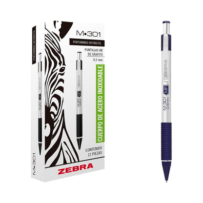 Zebra Portaminas De Acero Inoxidable M-301 Punto Fino (0.5 mm) Caja 12 Piezas Color Azul.