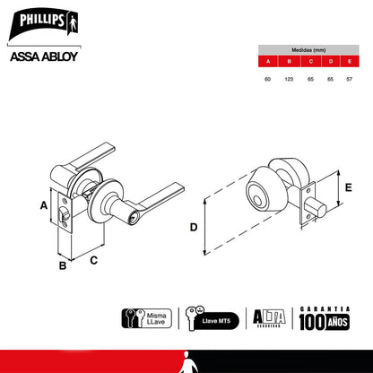 Phillips Combo Cerrojo/Manija Fresno Alta Seguridad Para Entrada LLave-Llave Plata