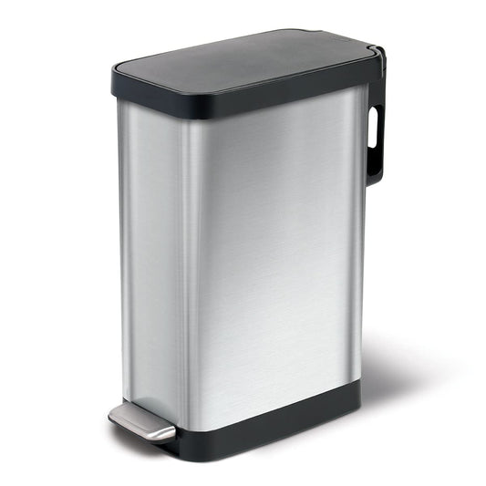 Glad Cubo de basura delgado con protección contra olores Clorox – Cubo de basura de cocina estrecho con tapa de cierre suave, pedal y soporte para rollo de bolsa de basura, acero inoxidable, 45 litro