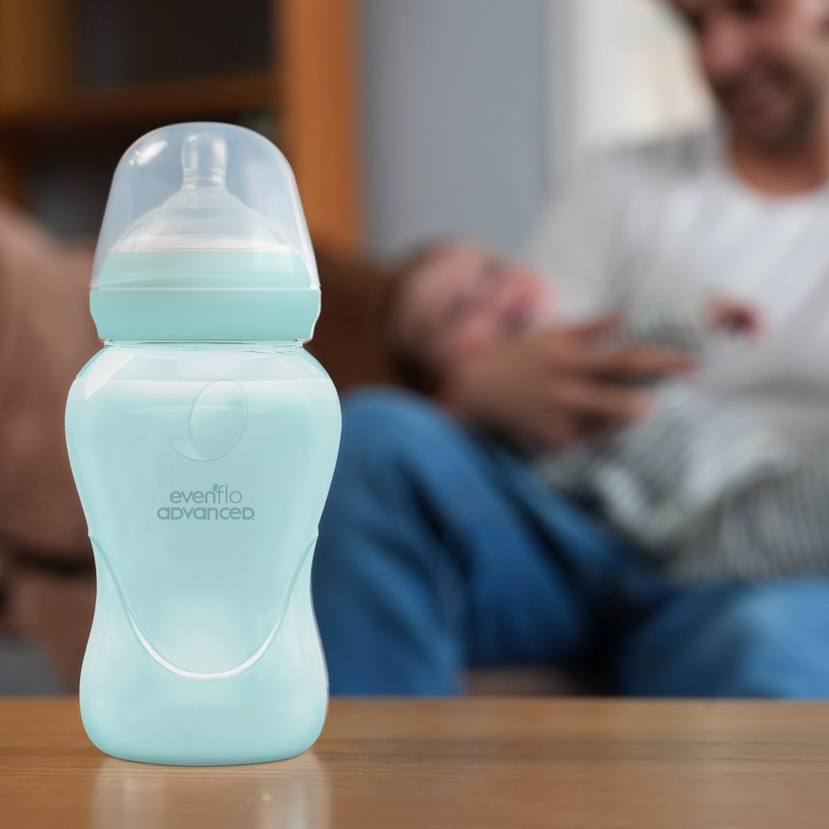 Evenflo Advanced Biberones Anticólicos Cuello Ancho, Azul y Teal, Flujo Medio, 270ml, Silicón Libre de BPA, Sistema Doble Válvula, 2 Piezas