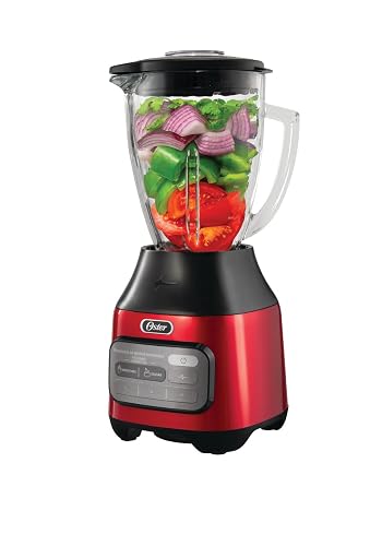 Oster Licuadora 800 W con Vaso de Vidrio de 1.5 L, 2 Programas Automáticos | 3 Velocidades + Pulso, motor reversible, acople metálico y cuchilla que tritura hielo, rojo, BLSTPEG-CRT