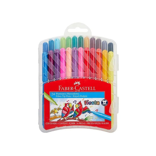 Faber-Castell Marcadores Fiesta con 24 Plumones de Diferentes Colores, presentados en un práctico estuche rígido de plástico, ideal para mantener los plumones organizados y transportarlos fácilmente