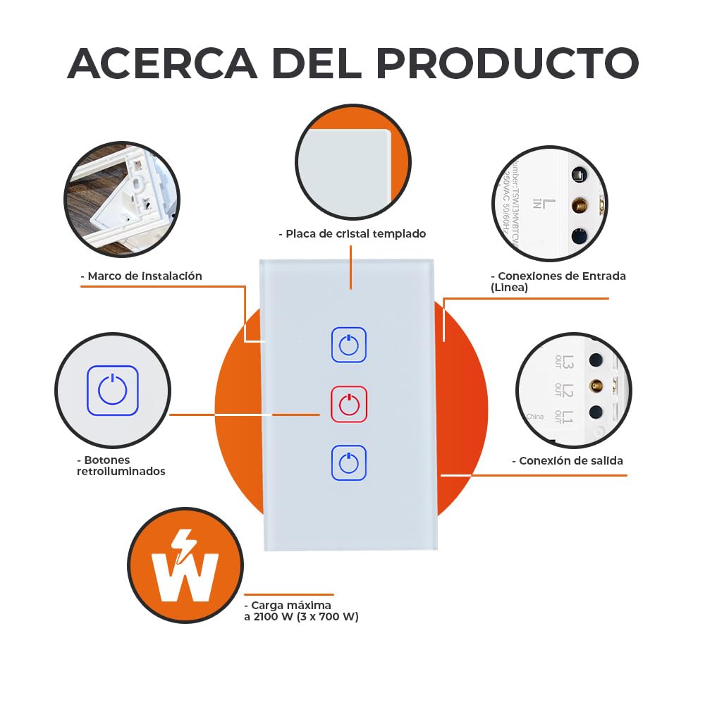 Tecnolite Connect - Apagador Inteligente Táctil WiFi 3 Circuitos, Sin Cable Neutro, Compatible con App móvil, Alexa, Google y Siri, Interruptor Inteligente