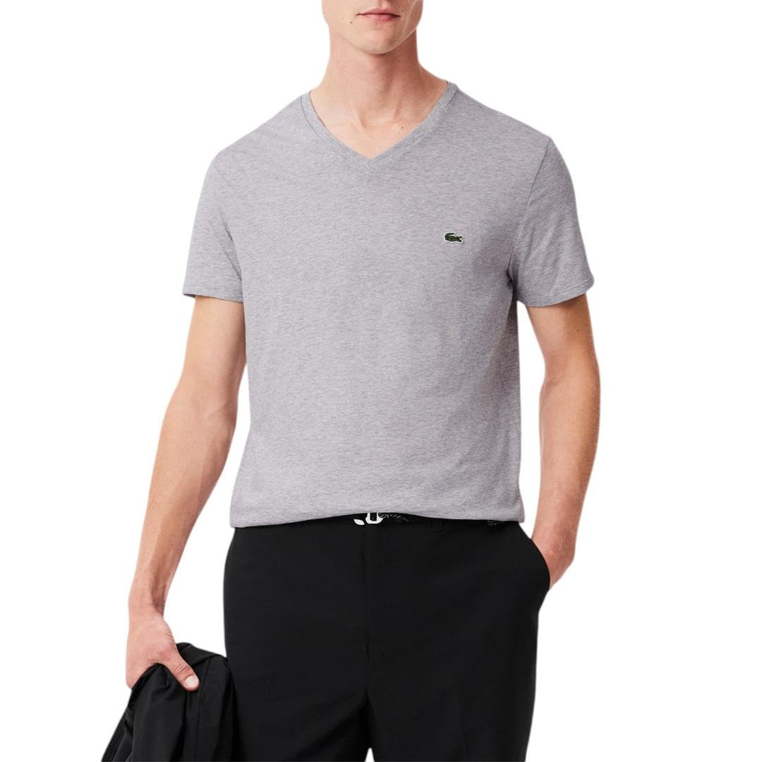 Lacoste Mens Short Sleeve V-Neck Pima Cotton Jersey T-Shirt - CH - Plateado jaspeado