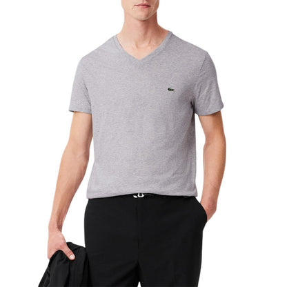Lacoste Mens Short Sleeve V-Neck Pima Cotton Jersey T-Shirt - CH - Plateado jaspeado