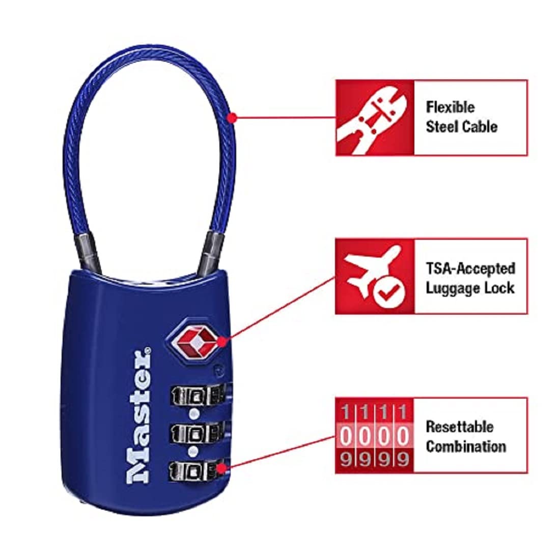 Master Lock Candado, configura tu propia combinación de cerraduras TSA para equipaje, cerradura de cierre de viaje con grillete de cable es de 1-3/16 pulgadas Los colores pueden variar, 4688T, 2