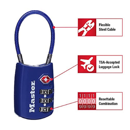 Master Lock Candado, configura tu propia combinación de cerraduras TSA para equipaje, cerradura de cierre de viaje con grillete de cable es de 1-3/16 pulgadas Los colores pueden variar, 4688T, 2