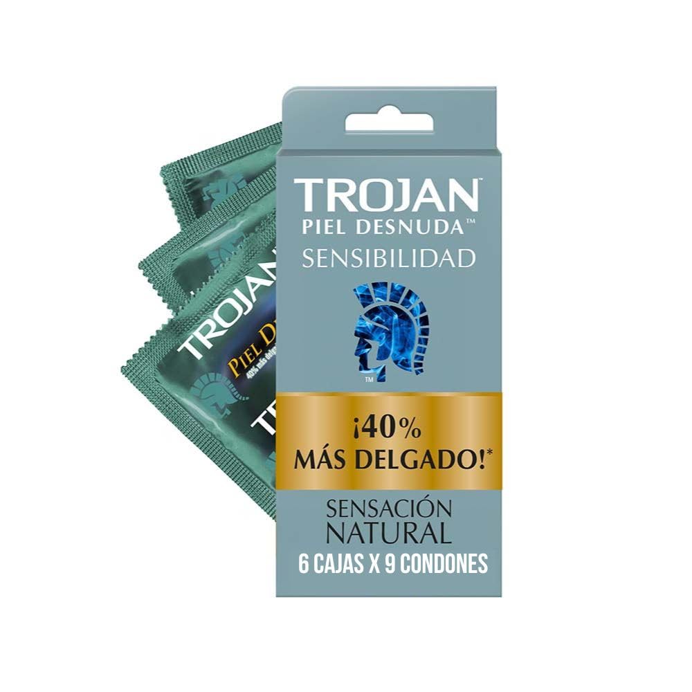 Trojan Condones Piel Desnuda Sensibilidad Caja con 54 piezas. 40% más Delgado, Sensación Increíblemente Natural. Seguridad Comprobada con Lubricante Premium, Bajo Olor a Látex Probado Electrónicamente