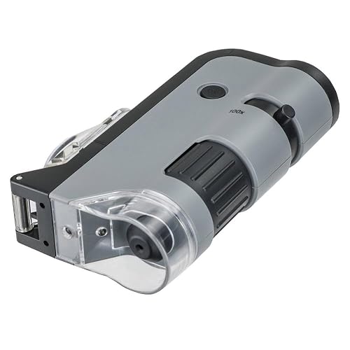 Carson Microflip 100X-250x - Microscopio de Bolsillo con Luz LED y UV, Base Deslizante Abatible y Clip de Digitalización para Smartphone (MP-250 o MP-250MU), Paquete Individual, Gris, una Talla