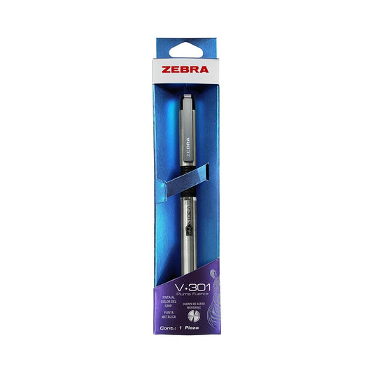 Zebra Pluma Fuente Recargable De Acero Inoxidable V-301 Tinta Líquida Estuche Metalizado 1 Pieza Color Negro.