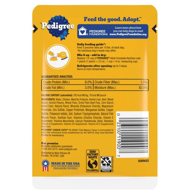 Pedigree Choice Cuts Sobres para Perro Adulto Sabores: Filet Mignon, Beef, Noodles & Vegetables, Hickory Smoked Chicken 54 Piezas 100g c/u