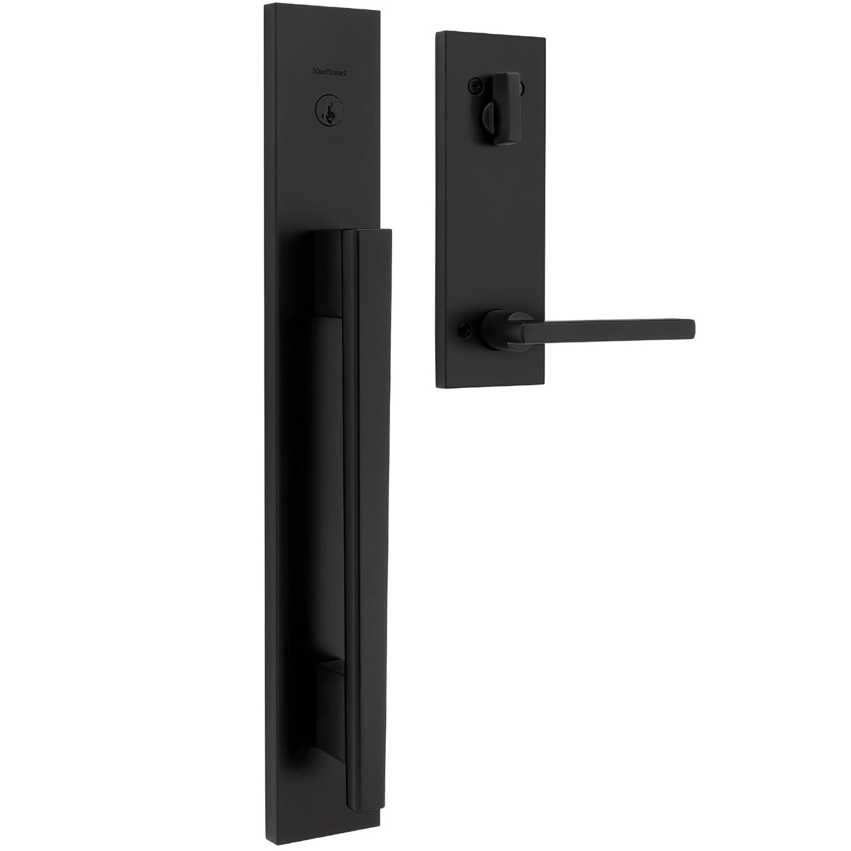 Kwikset Caerus - Juego de manijas y cerrojo de puerta delantera con palanca interior, color negro mate, seguridad SmartKey con KwikSlide, placa trasera de manija de puerta con escudo completo