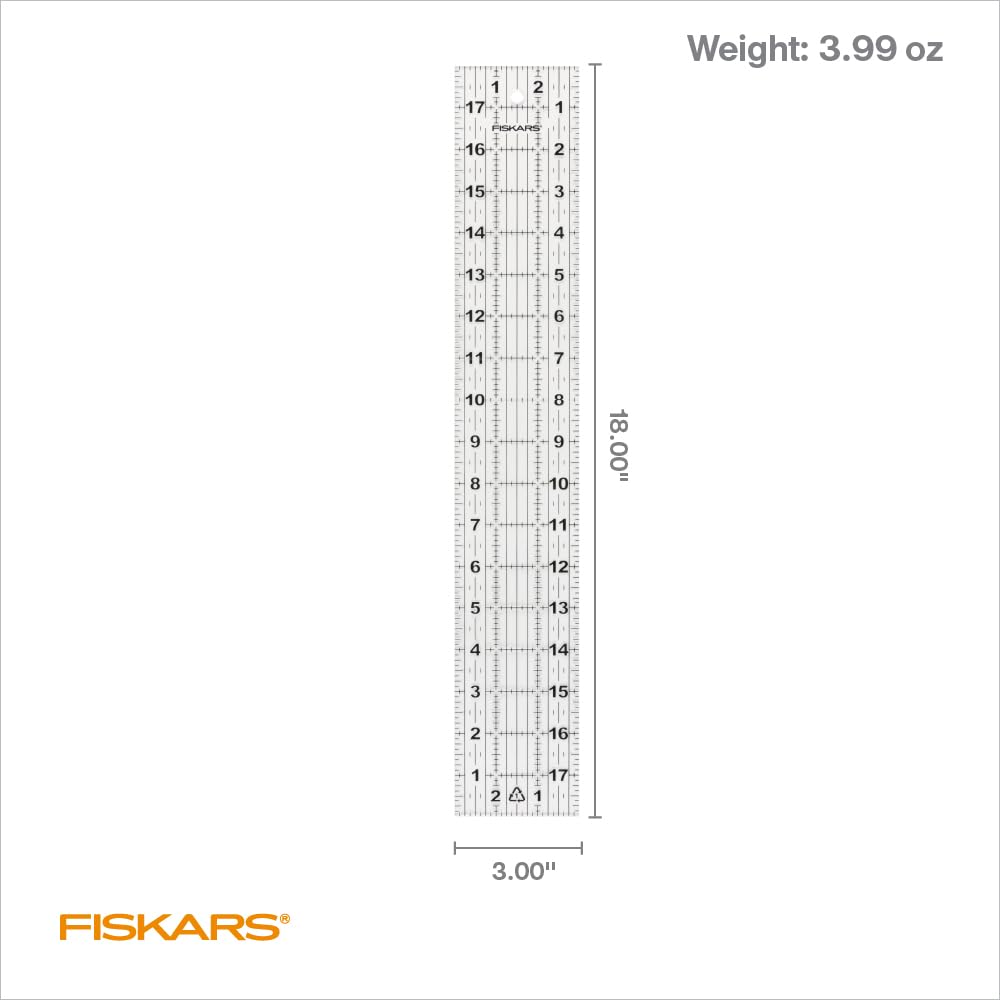 Fiskars - Regla de costura de 3 x 18 pulgadas con líneas de rejilla, suministros de costura y acolchado, suministros de arte y manualidades, transparente